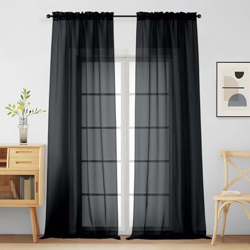 Halloween Black Sheer Curtains for Window 96 Inches Long 2 Panels Set (42"W x 96"L (Pack of 2) / Black)
