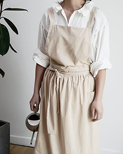 Women Cotton Linen Cross Back Apron with Pockets for Gardening Works Pinafore Dress (Wheat)