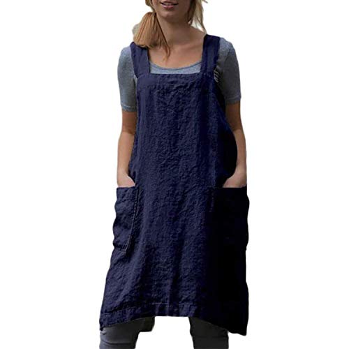 Japanese Pinafore Apron Smock Cotton Apron with Pockets Plus Size Aprons for Women (Navy / Medium)