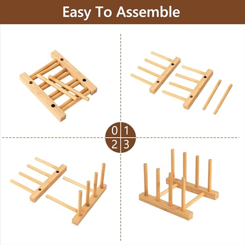 Bamboo Dish Plate Bowl Cup Book Pot Lid Cutting Board Drying Rack Stand Drainer Storage Holder Organizer Kitchen Cabinet（Keep Dry） (Bamboo 3 Slots 1pcs)