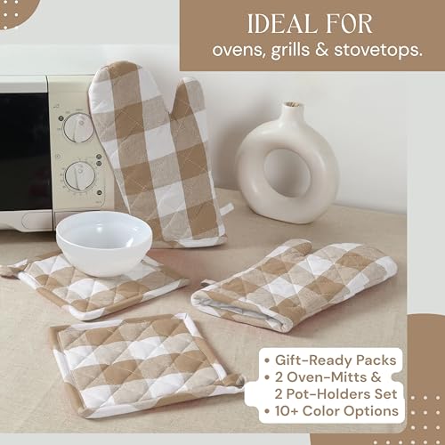 Buffalo Plaid Check Oven Mitts and Pot Holders Set (Beige, Buffalo Plaid)