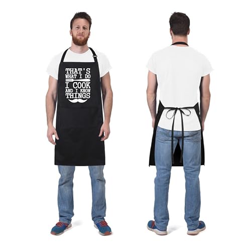 Funny Apron for Men 100% Cotton That's What I Do I Cook And I Know Things Adjustable Bib Aprons with 2 Pockets Grill Kitchen Cooking BBQ Black (That's What I Do I Cook and I Know Things)