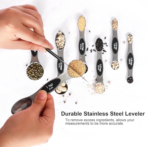 Magnetic Measuring Spoons Set Stainless Steel with Leveler (Silver)