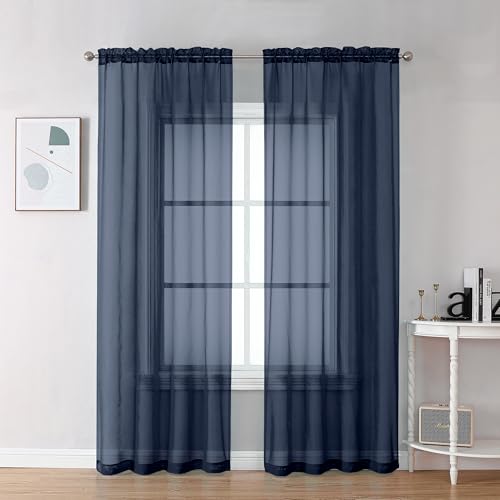 Navy Blue Sheer Curtains 78 Inches Long 2 Panels Set for Living Room (Navy Blue / 42"W x 78"L (Pack of 2))