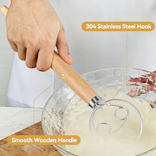 Danish Dough Whisk Dutch Bread Mixer Stainless Steel Hook Wooden Handle Baking Tools for Sourdough Pizza Pastry Cake Batter Making (White Wax Wood-2K / 1 Pack)
