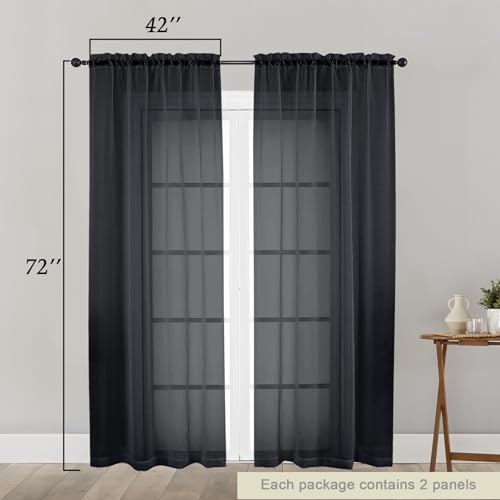 Black Sheer Curtain for Bedroom Living Room 72 Inches Long 2 Panels Set (Black / 42"W x 72"L (Pack of 2))