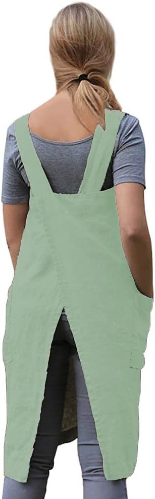 Women's Cross Back Pinafore Apron with Large Pockets Home Kitchen (X-Large / Light Green)