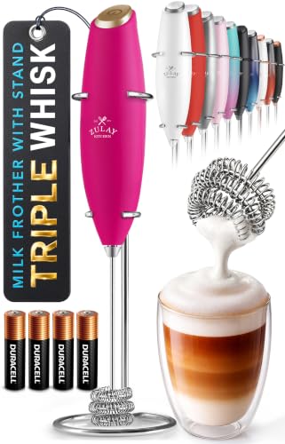 Powerful Milk Frother Wand With Duracell Batteries (Magenta Gold / Triple Whisk + Batteries)