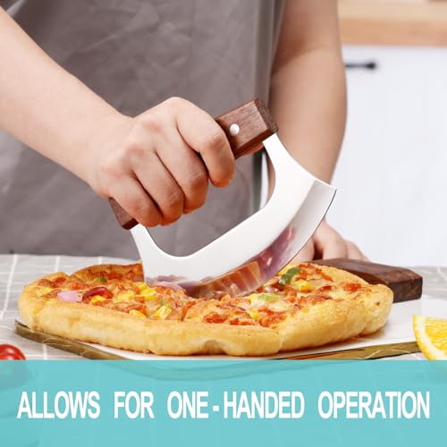 Ulu Knife with Stand for Cutter Pizza Meat Vegetables Herb Salad (Brown)