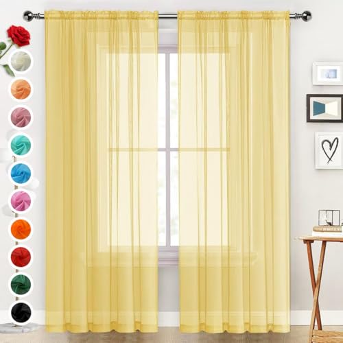 Sheer Voile Window Treatment Rod Pocket Curtain Panels for Kitchen Bedroom Living Room Drapes Sunlight Filtering Privacy Semi Home Decor Assorted Colors Sizes (Yellow / 52"W x 84"L (Pack of 2))