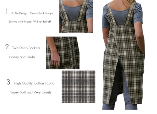 Women's Pinafore Square Apron Baking Cooking Gardening Works Cross Back Cotton (XX-Large / Gingham-black)