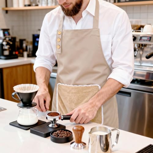 Kitchen Apron for Women Men with Pocket & Hand Towel (Khaki)