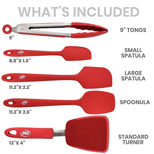 5 Piece set Includes 3 Silicone Spatulas 1 Turner and 1 9" Tong Kitchen Tools Best for Cooking (3 Spatula + Turners + Tongs Red)
