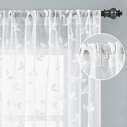 White Sheer Curtains Vine Embroidered (52"W x 63"L (Pack of 2) / Vine White)