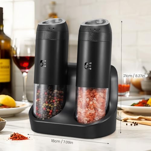 Rechargeable Gravity Electric Salt Grinder Set (Black with Charging Base)