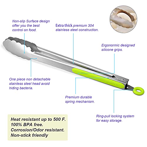 304 Stainless Steel Kitchen Cooking Tongs (12" & 14" / Green)
