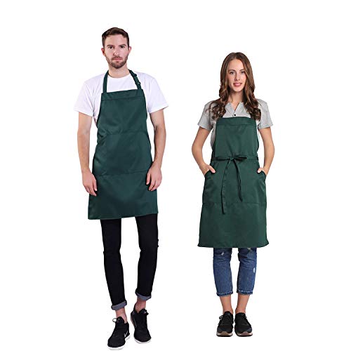 Adjustable Bib Apron with Pocket Extra Long Ties for Women Men (Dark Green)