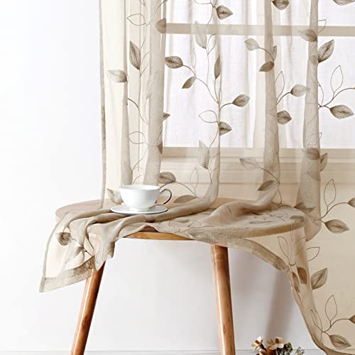 Taupe Sheer Curtains Leaf Embroidered (52"W x 84"L (Pack of 2) / 2-taupe/Beige)