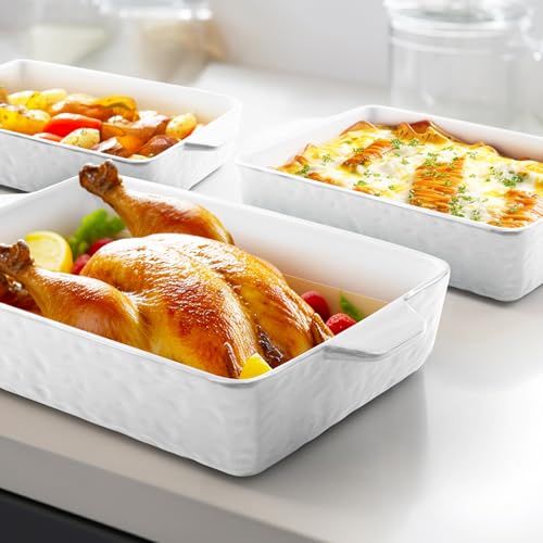 Baking Dish Set of 3 Oven Safe Nonstick Dish with Handles (White / 11.6 x 7.8 Inches)