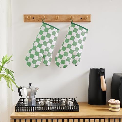 Green Checkered Oven Mitts Heat Resistant (Green)