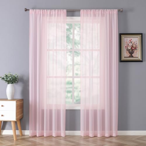 Sheer Curtains Bedroom Linen Textured Curtain Sheers Light Filtering Voile Rod Pocket Curtains for Living Room (38"W x 84"L (Pack of 2) / Pink)