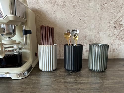 Stoneware Coffee Bar Utensil Holder Tea & Coffee Spoon & Stirrer Holder for Stir Stick Straw Teaspoon Holder Espresso Spoon Cup Small Utensil Jar Fluted Vertical Stripe (Matte Black)