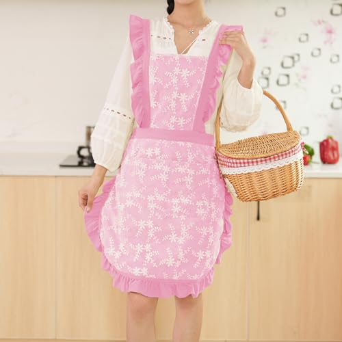 Vintage Pinafore Apron Dress for Women with Pockets Cute Floral Chef Aprons for Kitchen Cooking Baking Gardening (Pink)