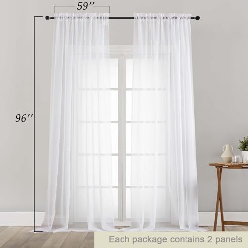 White Sheer Curtains for Bedroom Living Room 96 Inches Long 2 Panels (White / 59"W x 96"L (Pack of 2))