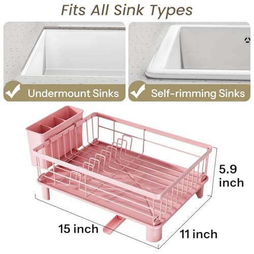 Dish Drying Rack for Small Kitchen Counter (Pink / 11" W x 15" L)