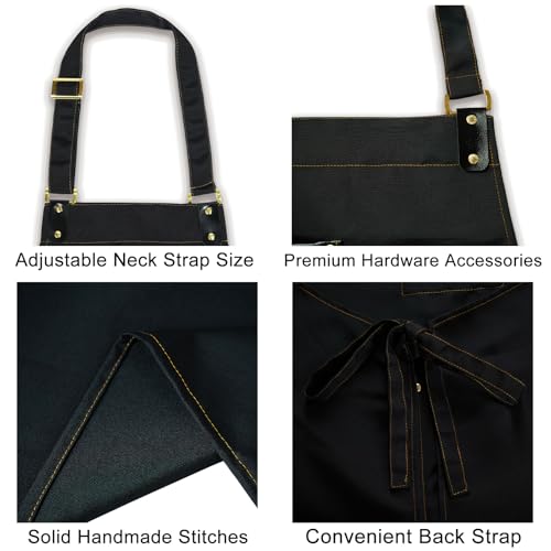 Barista Tools Apron for Women Hairstylists Servers Waterproof Canvas Kitchen Apron with 3 Pockets for Cooking Gardening (Black)