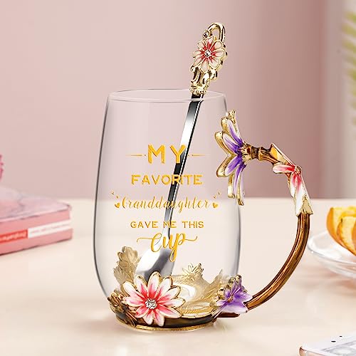 Grandma Gifts from Granddaughter Tea Cup Birthday Grandparent Gifts Mothers Day Enamel Flower Glass Mugs from Grandkids Grandchildren (Grandma)
