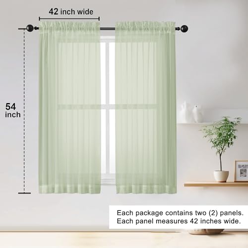 Sheer Curtains 54 inches Long 2 Panles for Living Room Bedroom Small Windowm (Light Green / 42"W x 54"L (Pack of 2))