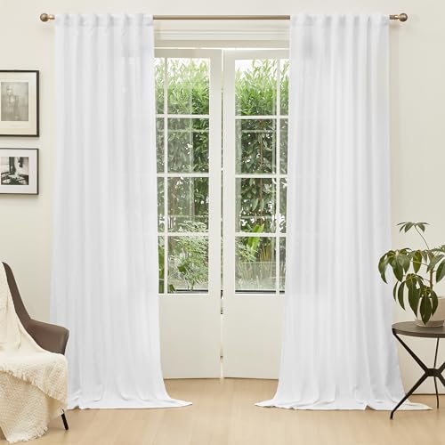 Floor to Ceiling Curtains 120 Inches White Sheer Window Drapes 2 Panel Sets Back Tab Draperies Linen Look Boho Fabric (50"W x 120"L (Pack of 2) / White)