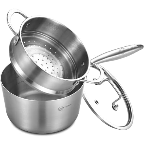 1.5 Quart Stainless Steel Saucepan with Steamer & Glass Lid (Silver)