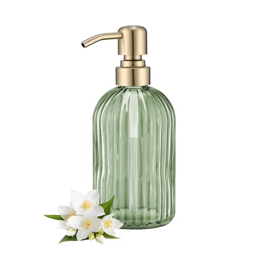 16Oz Green Glass Soap Dispenser with Rust Proof Stainless Steel Pump (Brushed Gold + Green / 1-Pack)