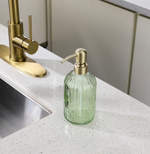 16Oz Green Glass Soap Dispenser with Rust Proof Stainless Steel Pump (Brushed Gold + Green / 1-Pack)