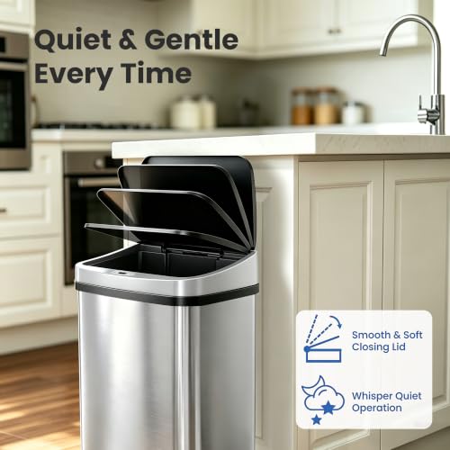 DZT-50-28BR Automatic Touchless Motion Sensor Rectangular Trash Can, Black Top, 13 Gal. 49 L., Brush (Silver & Black)