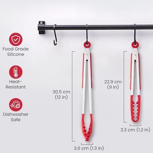 2 PCS Pasta Tong Spaghetti Tongs (9"+12"-Red)