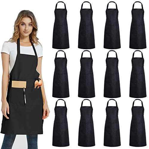 12 Pack Plain Bib Aprons with 2 Pockets (Black)