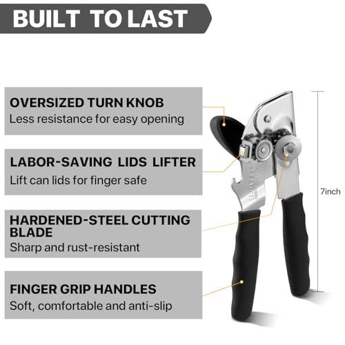 Heavy Duty Hand Can Opener with Comfortable Grip for Seniors (Black)