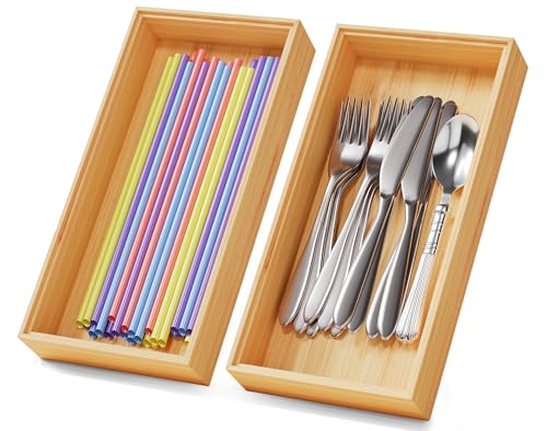 Bamboo Kitchen Drawer Organizer Boxes 12" x 6" Stackable Wooden Organizers (Bamboo / 12" x 6" x 2")