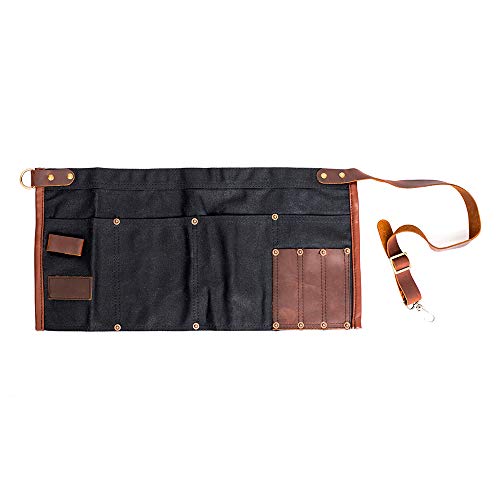Waterproof Waxed Canvas Tool Apron With the Adjustable Genuine Leather Belt (Black)