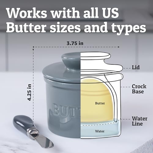 Butter Crock with Lid for Countertop with Spreader Knife and Water Line (Light Grey / Regular)