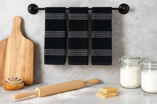 Black Grey Kitchen Hand Dish Towels Waffle Ruffle Textured Set of 3 (Rainah Black)