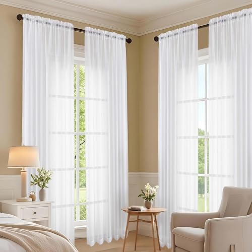 White Sheer Curtains 120 Inches Long 2 Panels Set (White / 59"W x 120"L (Pack of 2))