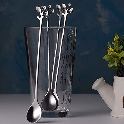 6 Piece Elegant Silver Leaf Long Handle Teaspoons (Silver)
