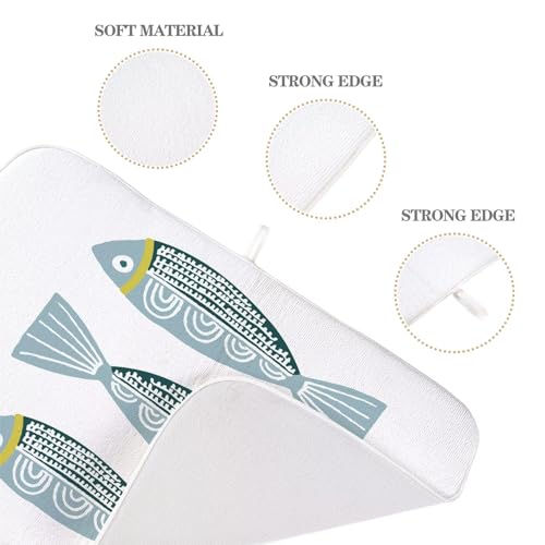 Coastal Dish Drying Mat 18 x 24 inch Beach Blue Fish Print Decorative Drying Mats Microfiber Absorbent Ocean Dish Washable Draining Mat for Kitchen Counter Decor (18" x 24" / Fish)