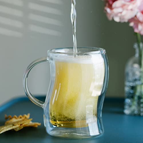 BTaT- Double-Walled Beer Mugs, 16 oz, 4 Pack, Double-Walled Glass with Handle, Insulated Beer Glasses, Drinking Glasses for Bar, Beverages, Alcohol, Water (Clear / 16 oz Beer, Set of 4)