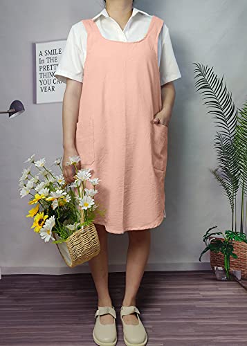 Cotton Cross Back Aprons Solid Color Cooking Kitchen Garden Smock for Women Girls with Pockets (Pink / 37W x 32L)