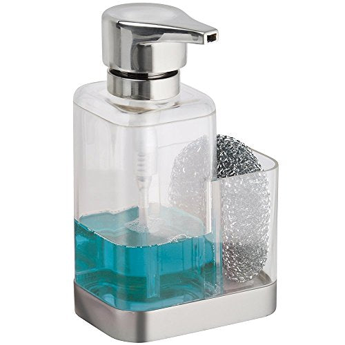 Modern Plastic Kitchen Sink Countertop Liquid Hand Soap Dispenser Pump Bottle Caddy with Storage Compartment (Clear/Brushed)